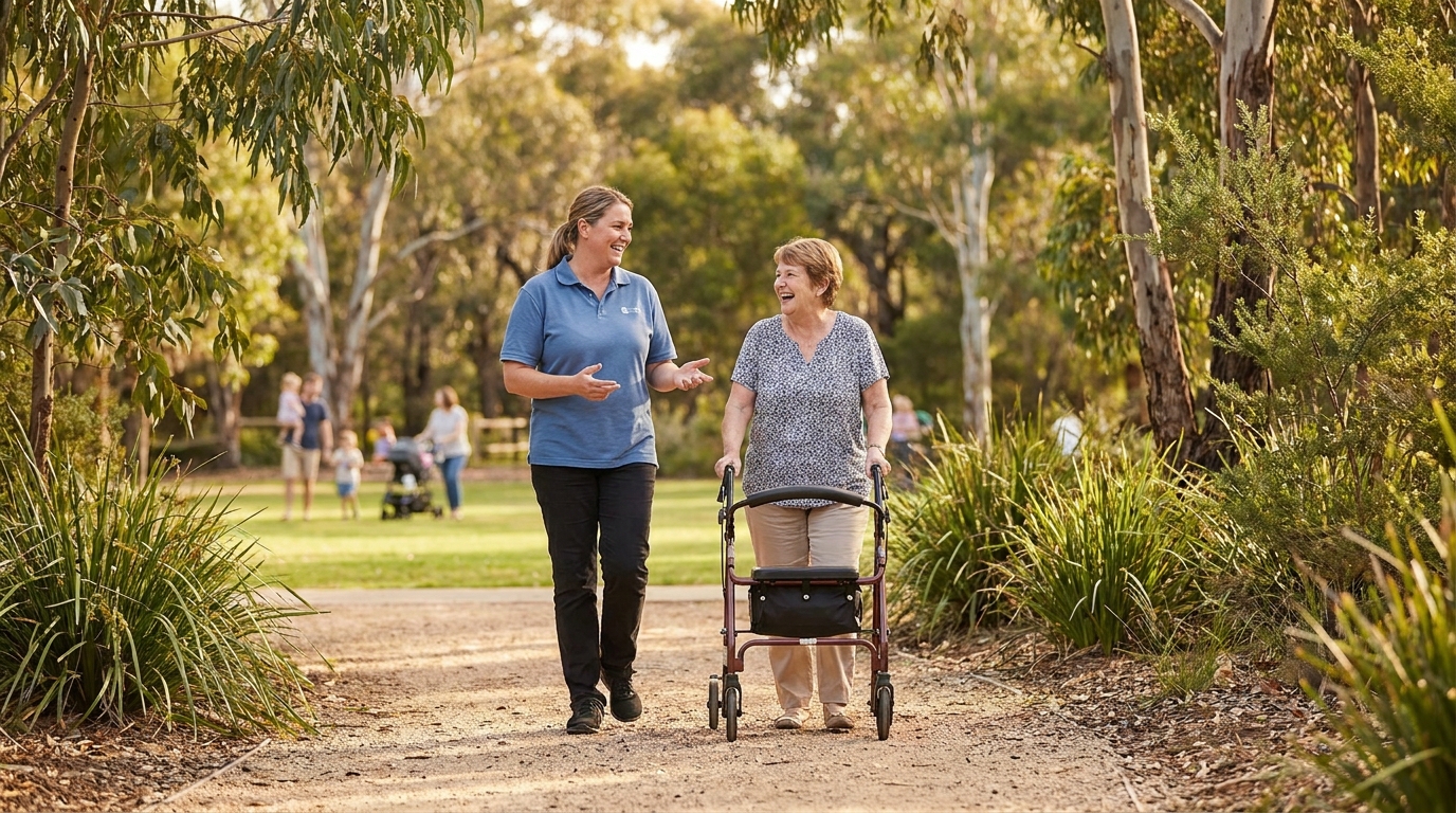 A support worker walking with a participant in the community