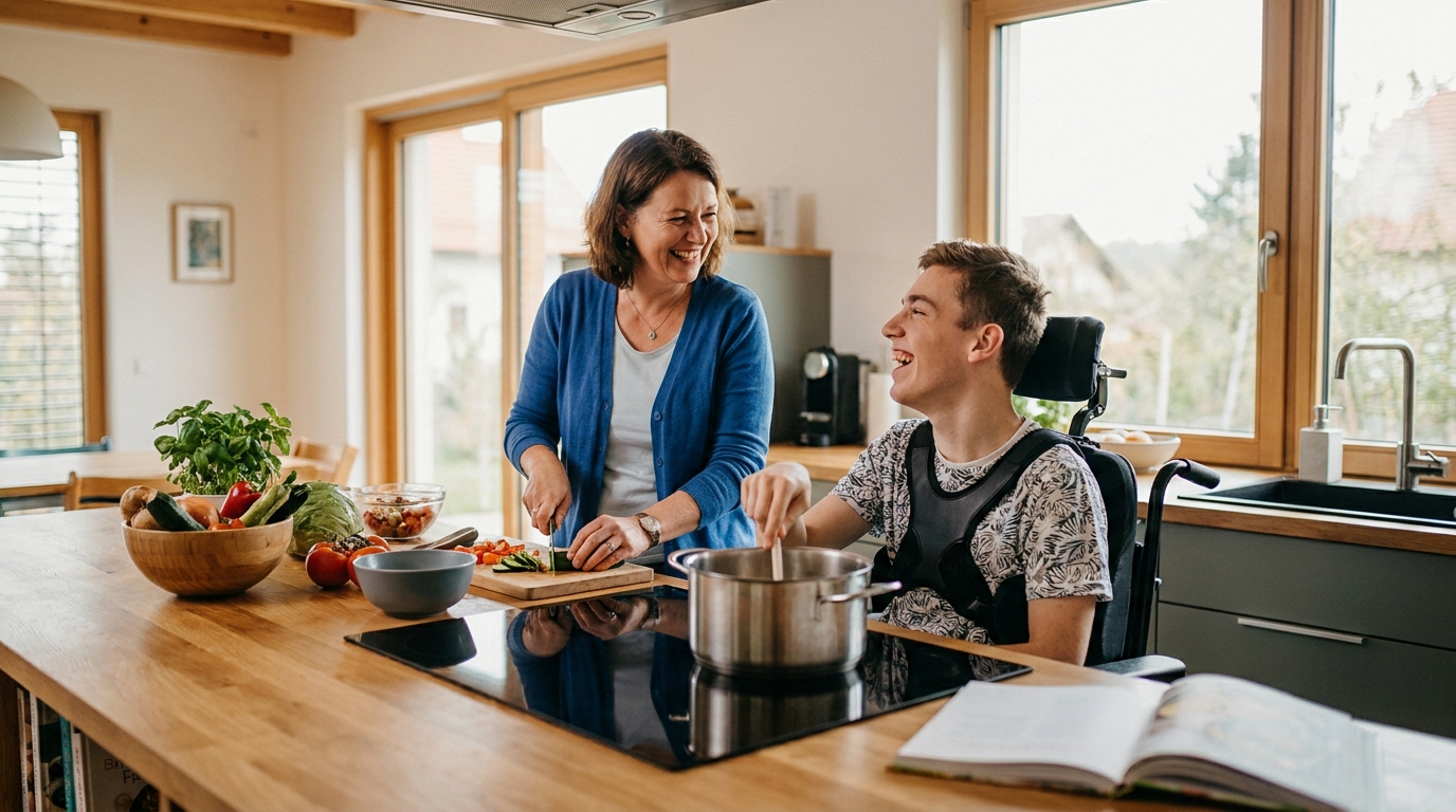 A support worker helping a participant prepare food at home