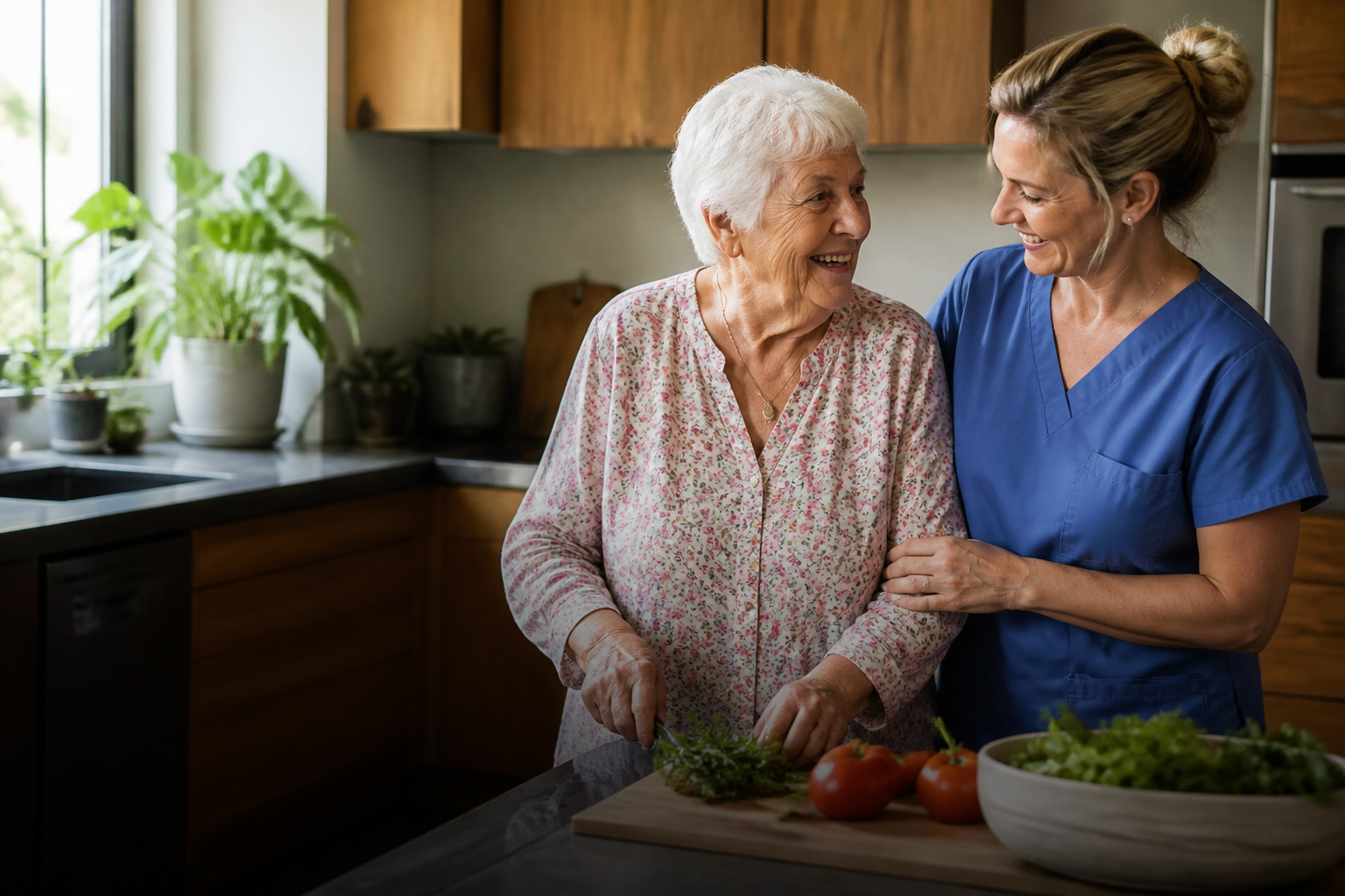A caregiver and participant smiling together in a kitchen